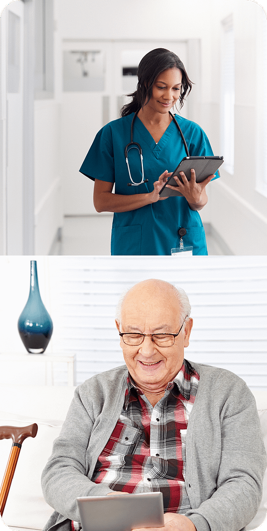Clinician communicating virtually with outpatient with the help of tablets and elderly man receiving communications at home